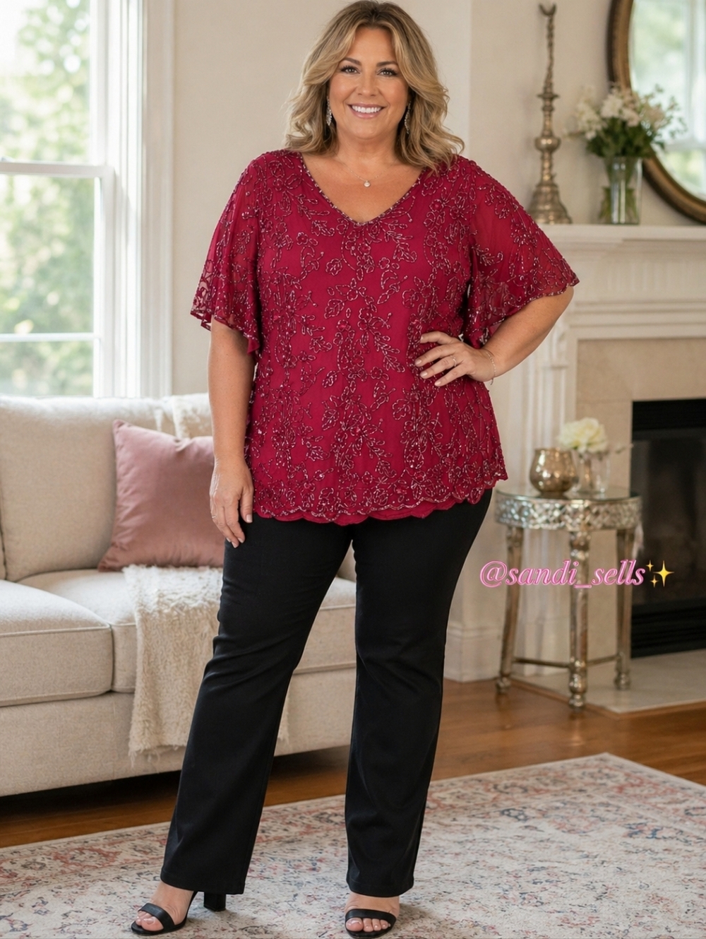 Roaman's Red Beaded Flutter-Sleeve Blouse
